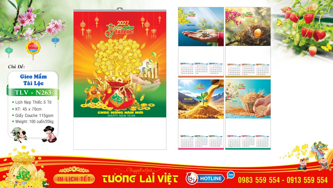 Lịch 5 tờ nẹp thiếc Lộc Xuân