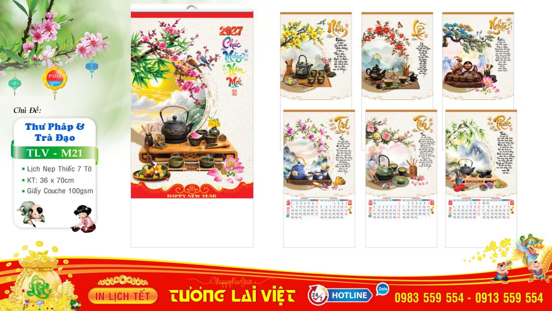 Lịch 7 tờ nẹp thiếc Chữ Thư Pháp