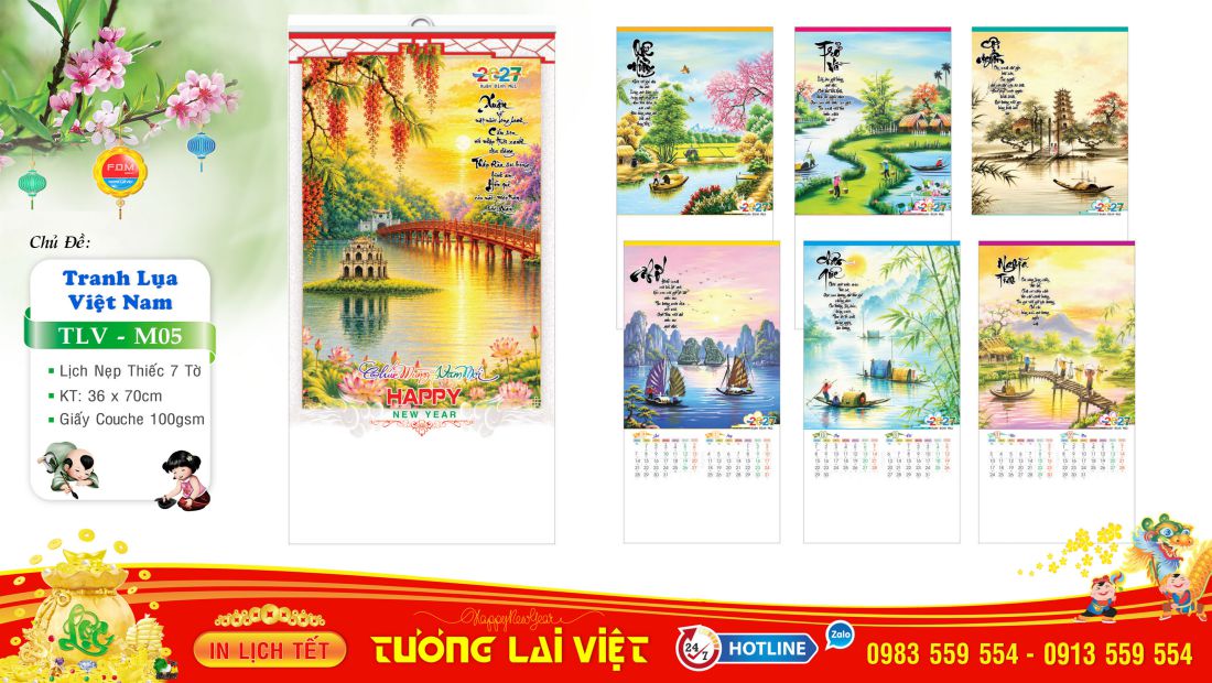Lịch 7 tờ nẹp thiếc Tranh Lụa